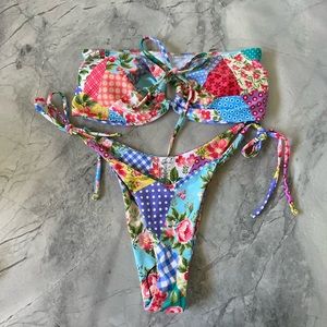 Strapless patchwork swimsuit